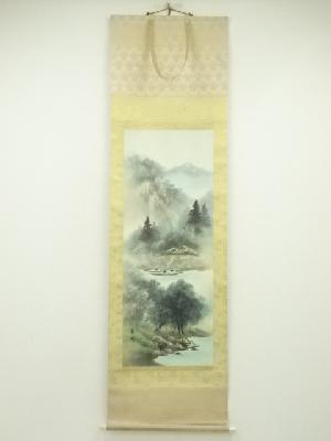 銕洞筆　彩色山水　肉筆絹本掛軸